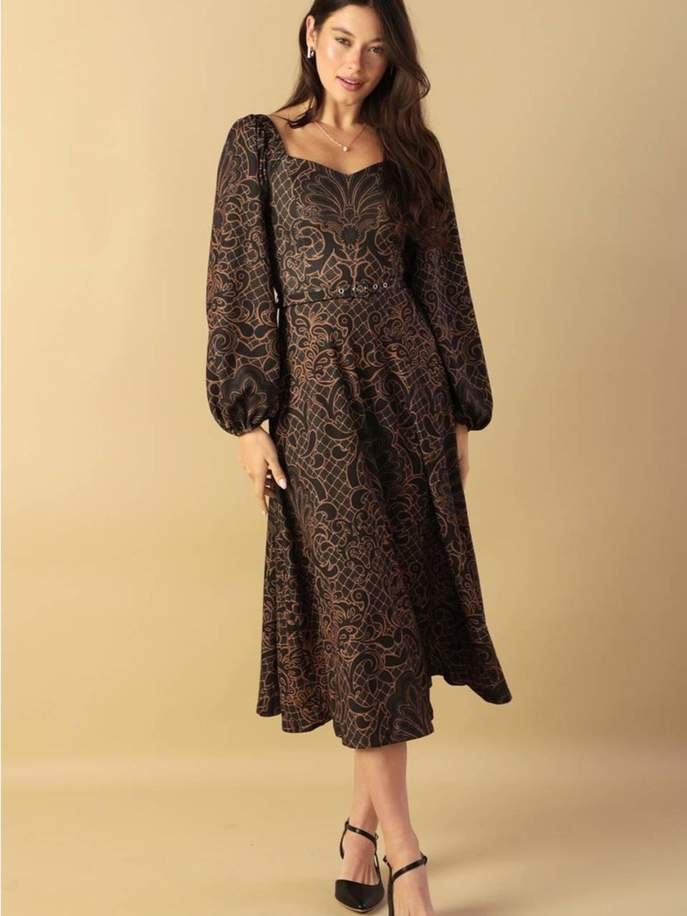 49. Flying tomato • Patterned Long-Sleeve Midi Dress PTP 16-20” belt not incl.
